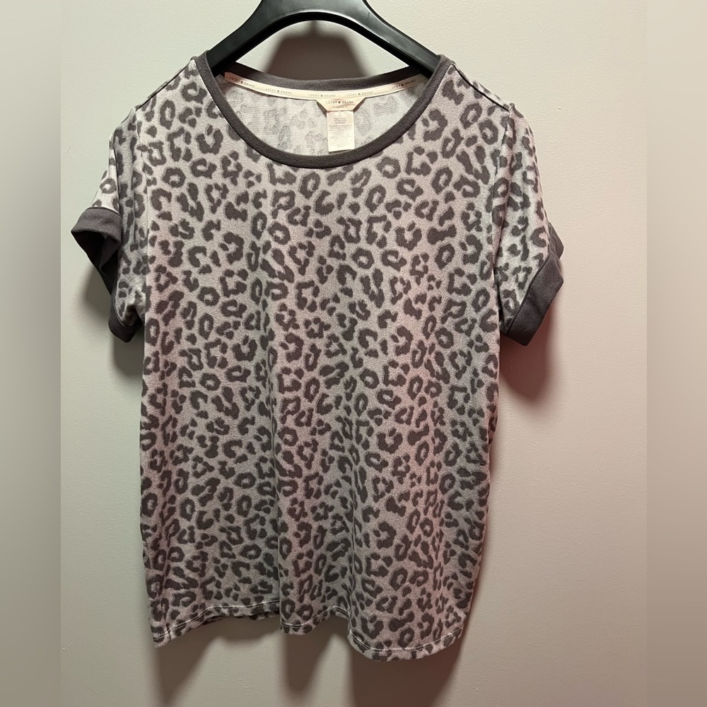 Lands End Grey Short Sleeve Animal Print Blouse Size Large